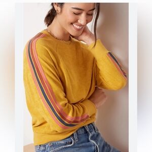 Evereve Yellow Terry Cloth Pullover Sweatshirt Striped Sleeve XS rainbow 70s